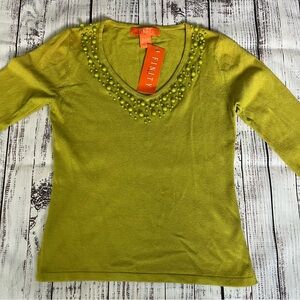 FINITY 101 Beaded 3/4 Sleeve V Neck Sweater Green/Grass Cotton Blend Size S NWT